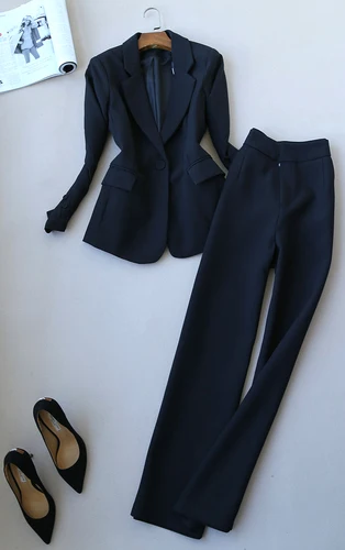 Модный костюм весна и осень Тонкий OL темперамент одна кнопка с длинными рукавами костюм высокая талия широкие брюки женские - Цвет: 2