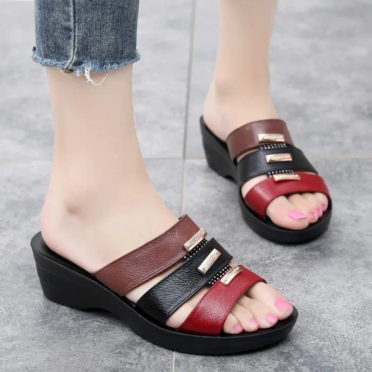 

Women Slipper Sandals Heels Wedges Platform Leather Peep toe Crystal Elegant Female Sandals Ladies Mules clogs Summer Shoes