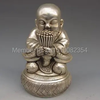 

Chinese Silver Copper Handwork Buddhist Monk & Incense Statue w Qianlong Mark