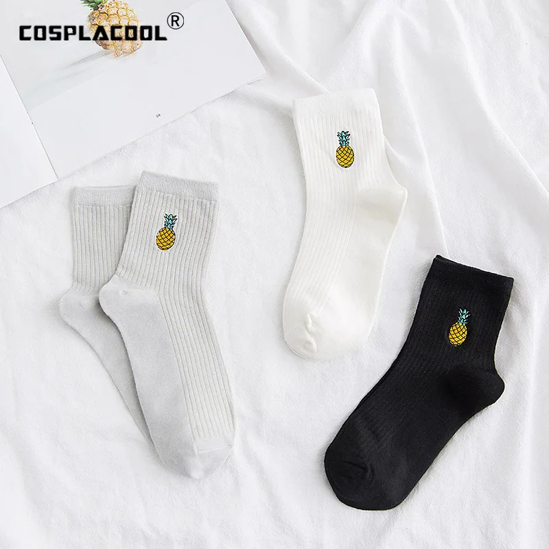 

[COSPLACOOL]Sweet Fruit Embroidery Pineapple Socks Harajuku Japan Creative Cotton Socks Women Art Spring Sox 3 Colors Sokken