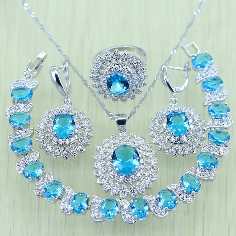 

Reginababy Sky Blue Rhinestone White Zircon Silver color Jewelry Set For Women Bracelets/Necklace/Earrings/Ring/Pendents