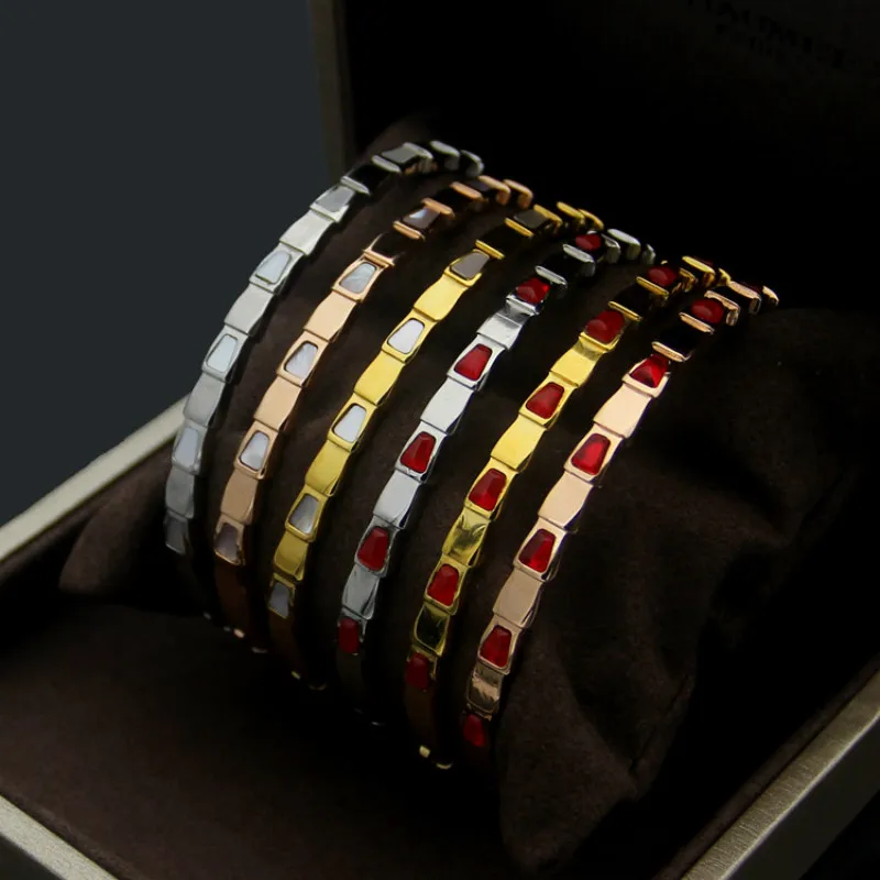 

Silver Rose Gold Color Bangle for Women White Red Shell Snake Shape Festival Bracelet Simple Lady Snake Bracelets Jewelry