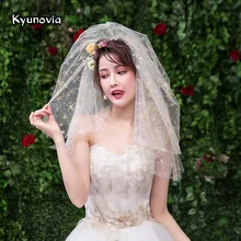 Роскошная свадебная вуаль Kyunovia, Золотая вуаль для вечеринки, выпускного, свадебная вуаль с гребнем, свадебные аксессуары, короткая Двухуровневая Фата для невесты D121