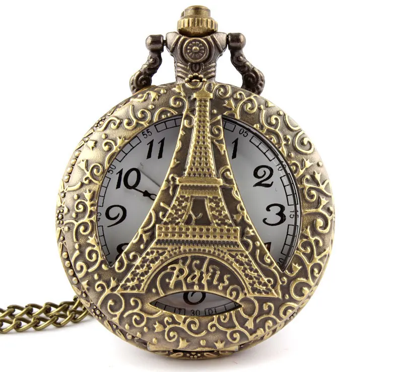 

Dropshipping Antique bronze hollow Eiffel Tower in Paris pocket watch pendant necklace men and women watch gift P123