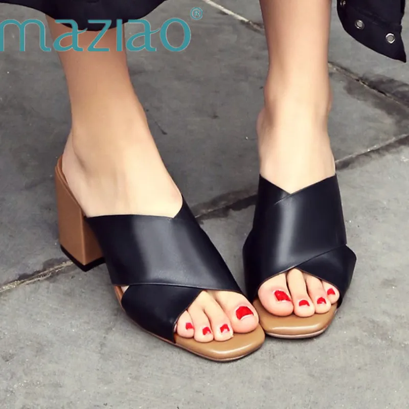 

MAZIAO Genuine Leather Sandals Shoes High Heel Slides Mules Shoes Real Leather Shoes Summer Slippers Big Size32-45 womens shoes