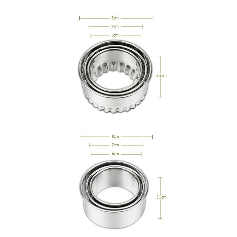 GOONBQ3 шт/набор, волнистая круглая форма для пельменей, нержавеющая сталь, 3 размера, форма для выпечки, многофункциональная форма для печенья, мусс, резак для торта