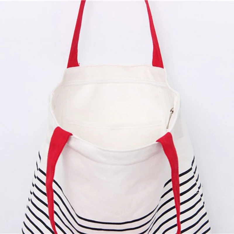 Cotton Stripe Canvas Shopping Tote Shoulder Carrying Bag Eco Reusable Bag Zippered Small Shopping Bag Cotton Stripe Canvas Shopping Tote Shoulder Carrying Bag Eco Reusable Bag Zippered Small Shopping Bag