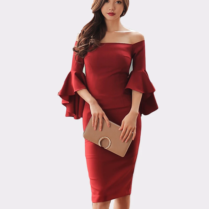 Aliexpress.com : Buy Slash Neck Sext Party Dress Women Flare Sleeve Red ...