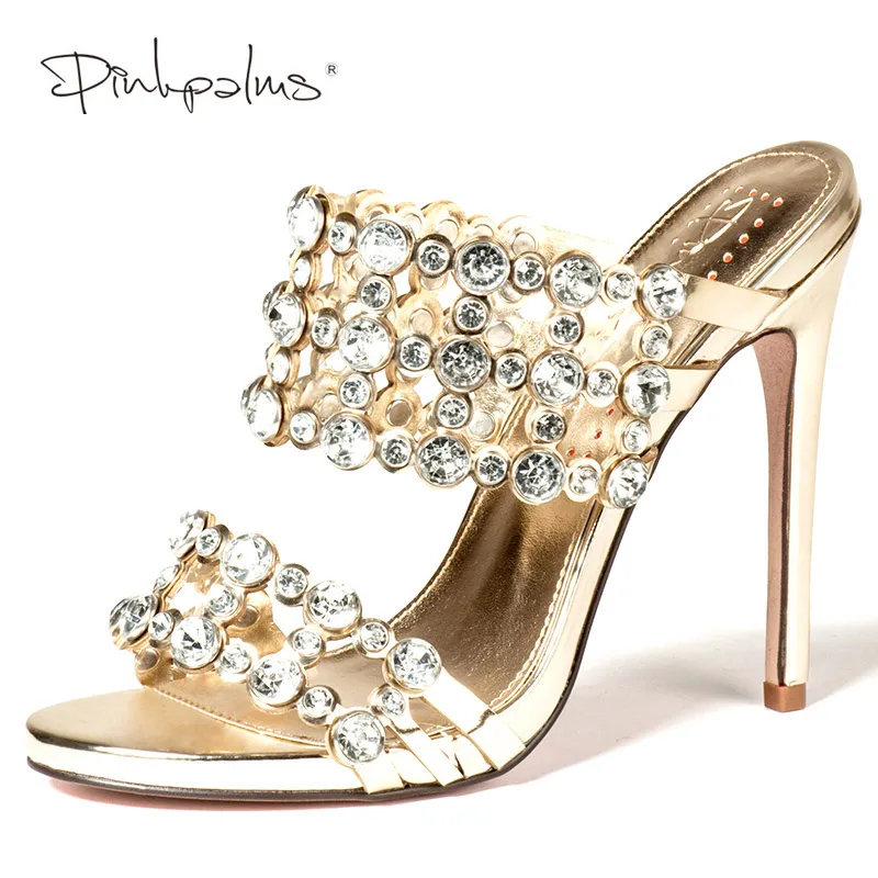 

Pink Palms Shoes Women Slippers High Heels with Crystals outside and indoor Slides Mules Shoes Cut-out Mules d'ete pour femme