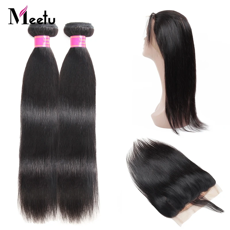 

Meetu Indian Straight Hair Pre Plucked 360 Frontal with Bundles Non Remy Human Hair Bundles with Frontal 2 Bundles with Frontal