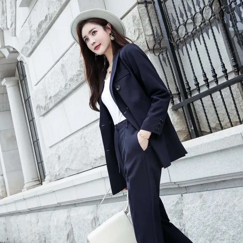 Women's pantsuit Temperament long sleeve double-breasted blazer Woman suits lady suit office Jacket set 2019 two-piece