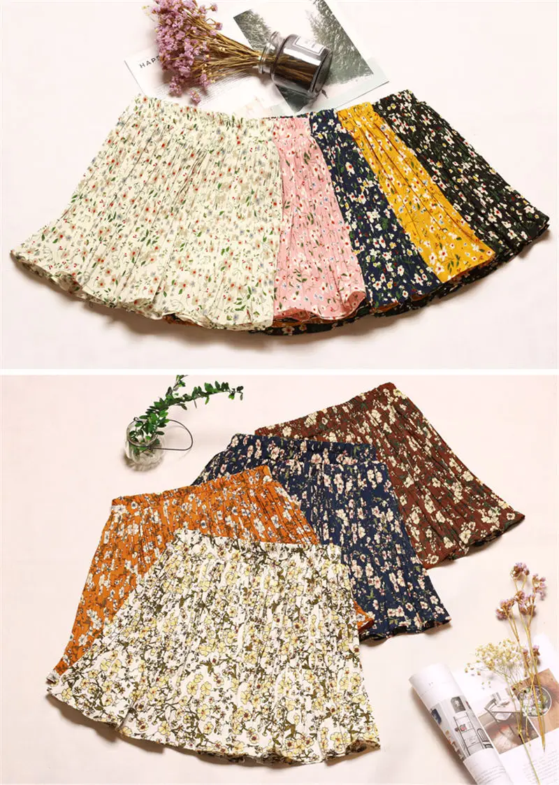 Мини-юбки женские Harajuku печати Повседневное летняя плиссированная шифоновая юбка женские, с завышенной талией уличная Saia мини-юбки Q1331