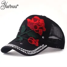 [YARBUU] العلامة التجارية الجديدة روز البيسبول قبعات النساء Snapback كاب الصيف لصق شبكة زهور كاب حجر الراين قبعة الربيع الهيب هوب القبعات العظام(China)
