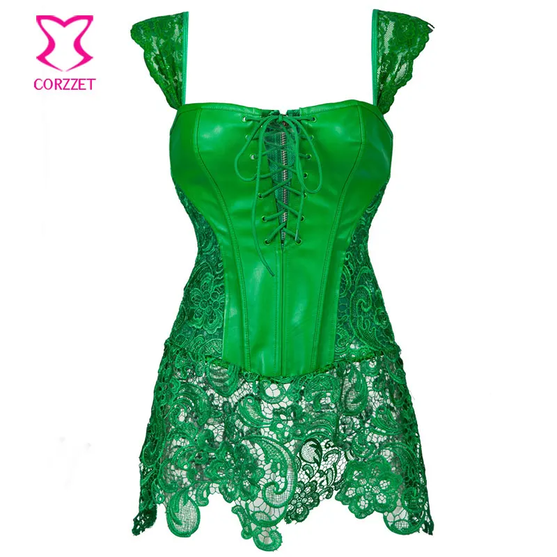2016 Green Floral Lace&Leather Plus Size Waist Trainer Corset Dress Steampunk Sexy Lingerie Korsett For Women Gothic Clothing