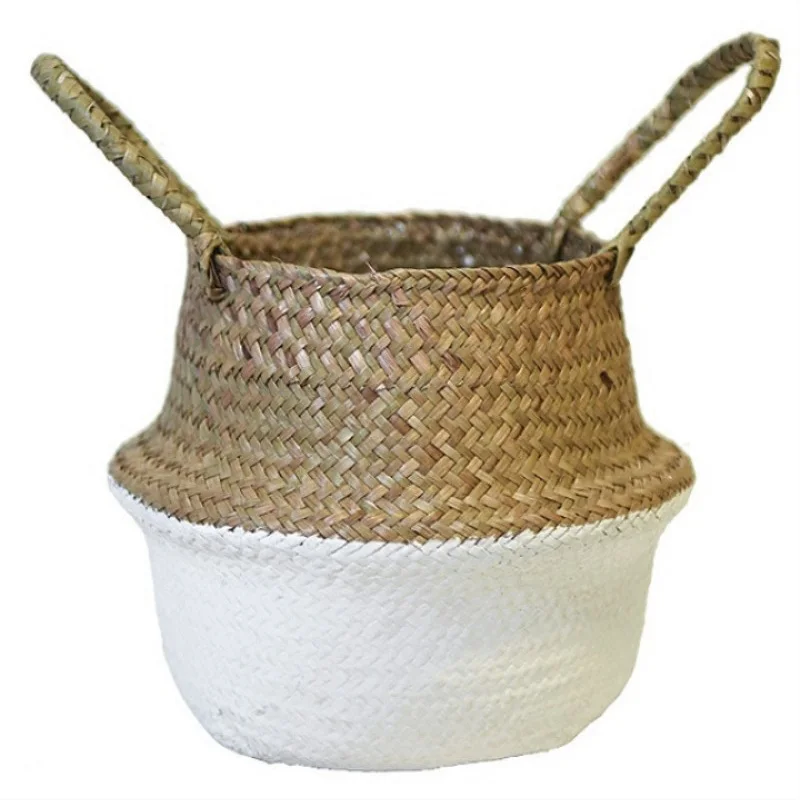 Garden Plant Flower Pot Handmade Rattan Storage Basket Foldable Seagrass Straw Hanging Woven Handle Toy Storage Container 1Pc