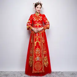 Красные Свадебные невесты китайский Стиль Cheongsam традиционные женские длинные Qipao Вышивка Для женщин вечернее платье одежда Размеры