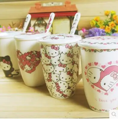 

With Spoon Lid Cartoon Hello Kitty 300ML Bone Ceramic Coffee Milk Tea Mug Cup Best Christmas Gift For Girl