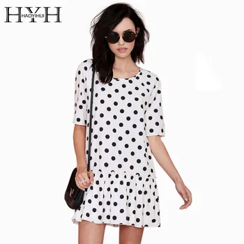 

HYH HAOYIHUI Fashion Women Dress White Color Block Dot Print Half Sleeve Crew Neck Vestidos Preppy Style A-line Mini Dress