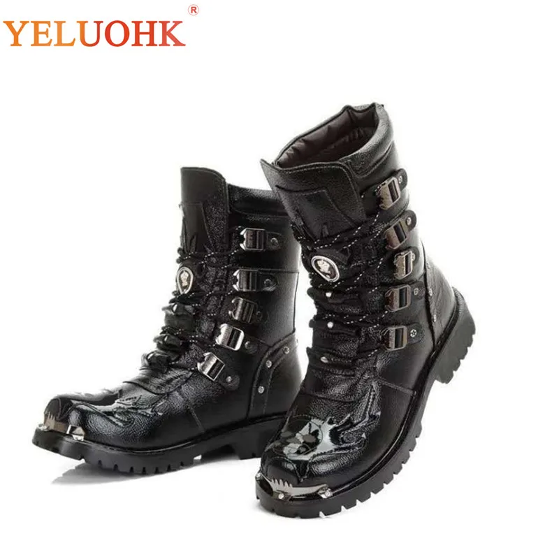 Boots Men Metal Skull Motorcycle Boots Men's Shoes Mid Calf Men Military PU boots Winter Warm Boots Fur 39-44 Fashion Men Shoes