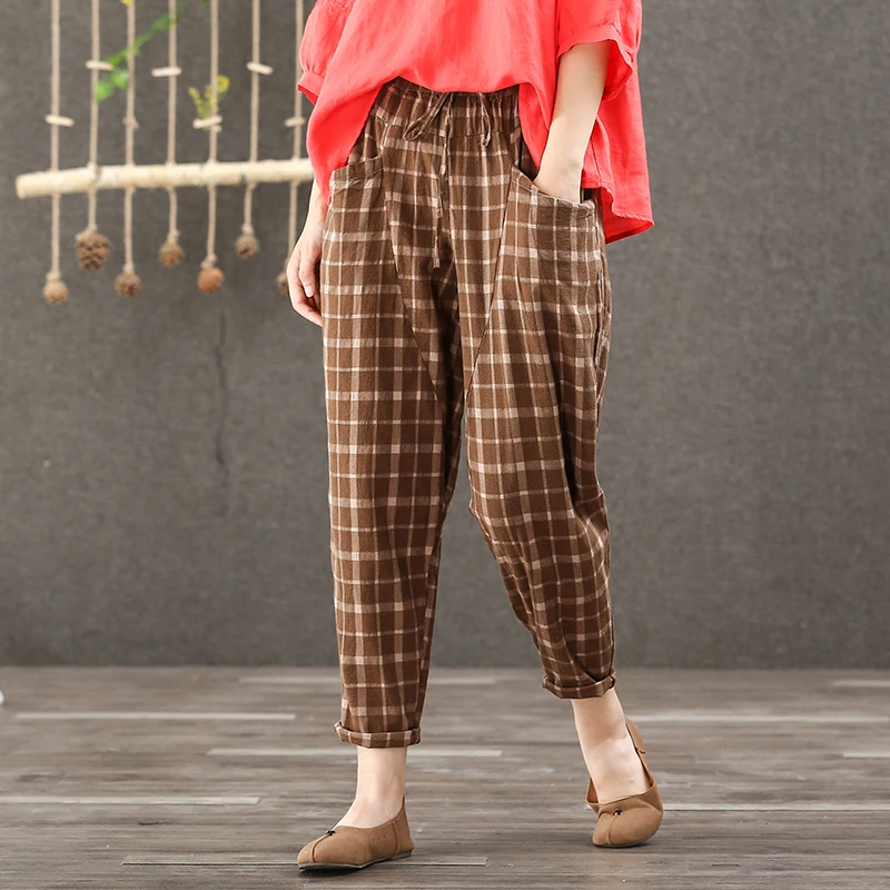 

Cotton Linen Women plaid Trousers 2019 Autumn Casual Pants Vintage Pockets Elastic Waist Loose Women Pants YoYiKamomo