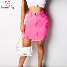 Женские летние джинсы с высокой талией, юбка-карандаш, неоновые рваные джинсовые мини-юбки с кисточками, уличная Женская юбка Jupe Femme Saia