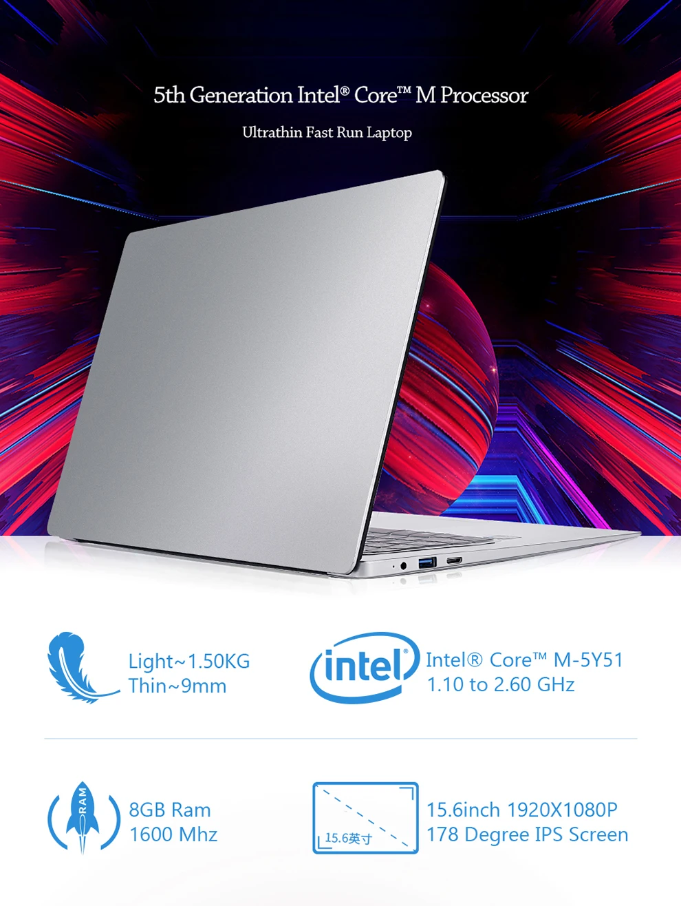 15.6inch Intel Core M-5Y71 CPU 8GB RAM+512GB SSD 1920X1080P FHD IPS Screen Win10 System Laptop silver M-5Y51 CPU 8GB RAM+512GB SSD 4