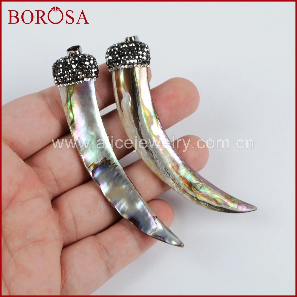

BOROSA Long Horn Natural Abalone Shell Charm Druzy Pendant Pave Rhinestone Crystal Caps Horn Pendant Women Necklace JAB653