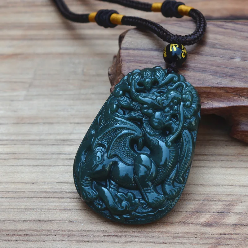 Natural Dark Green Hetian Stone Pendant 3D Carved Chinese Dragon ...