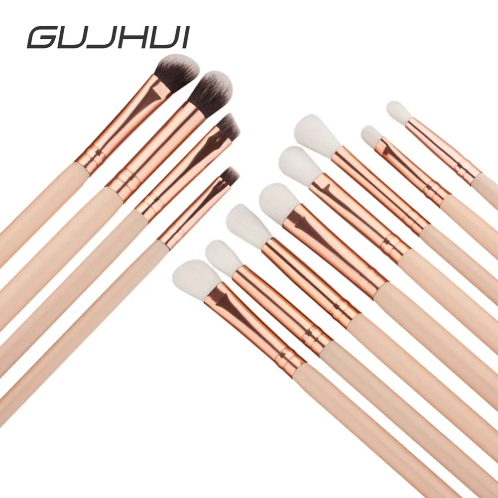 GUJHUI 12 шт профессиональный макияж глаз кисти набор с деревянными ручками подводка для глаз, бровей, тени для век тональная пудра косметическая кисточка
