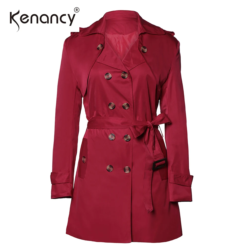 

Kenancy 2XL Plus Size Overcoat Medium Long Trench Coat Women Sashes Belted Double Breasted Windbreaker Turn-down Collar Outwear