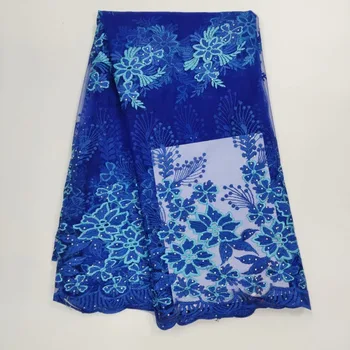 

Latest design african cord lace fabric 2019 high quality french tulle lace fabric with stones embroidered net lace fabric Blue