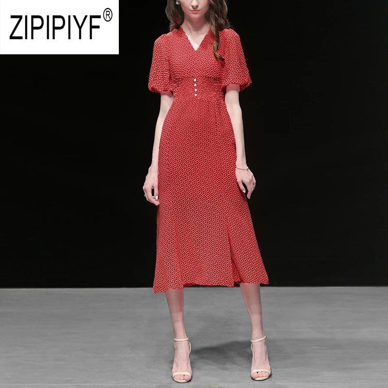 

Vintage Fashion Women 2019 Summer Beach Dresses Dot Printing V Neck Slit Chiffon Dresses Party Casual A-Line Slim Dresses Z1837