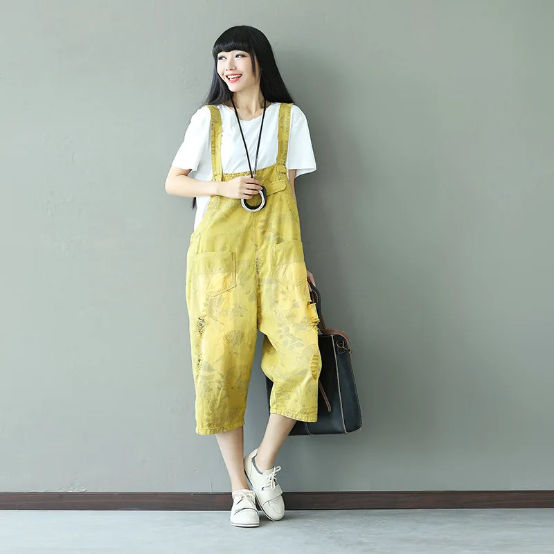 OSOL 2018 New Denim Jumpsuits Pocket Rompers Stripped Loose Women Fashion Casual Overalls Printed old style Japanese |