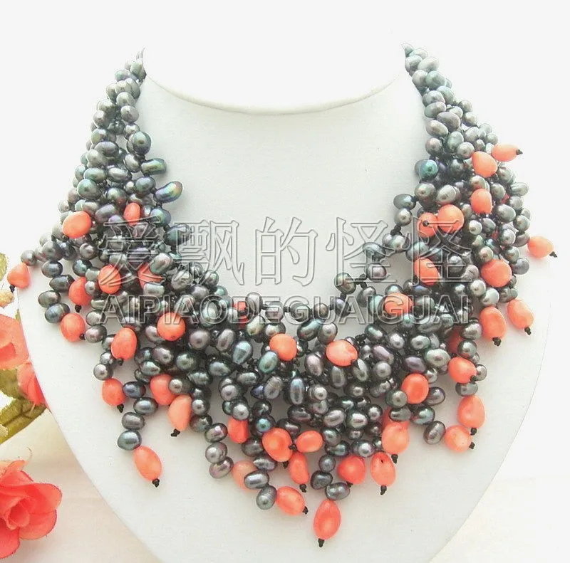 

Women's 17" 4Strands Black Pearl Pink Coral Necklace