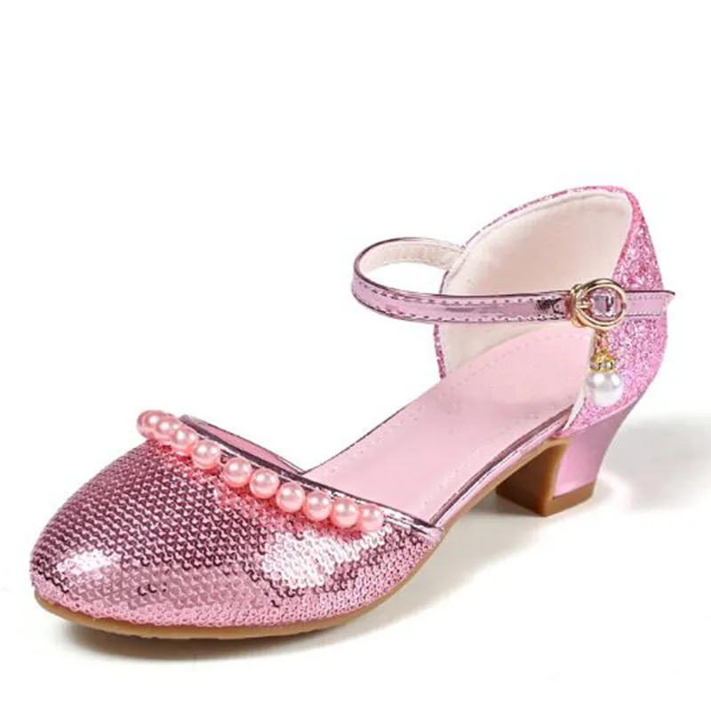 

New Children Shoes Girls Princess Fashion Sequin pearl Dance Shoes Student Breathable Baby Toddler Kids Leather Shoes 02A