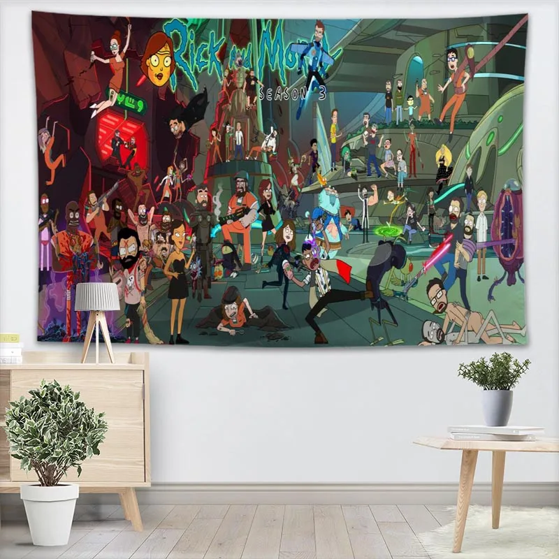 ريك و Morty الموسم قماش مزخرف جداري تخصيص اليوغا كنبة مكتب مفرش منقوش للأطفال غرفة كلية المسكن الديكور
