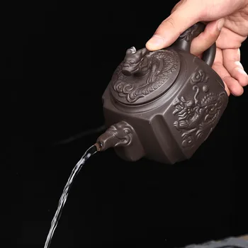 

Yixing Zisha teapot, pure hand carved dragon and phoenix teapot, ceramic filter large capacity kettle