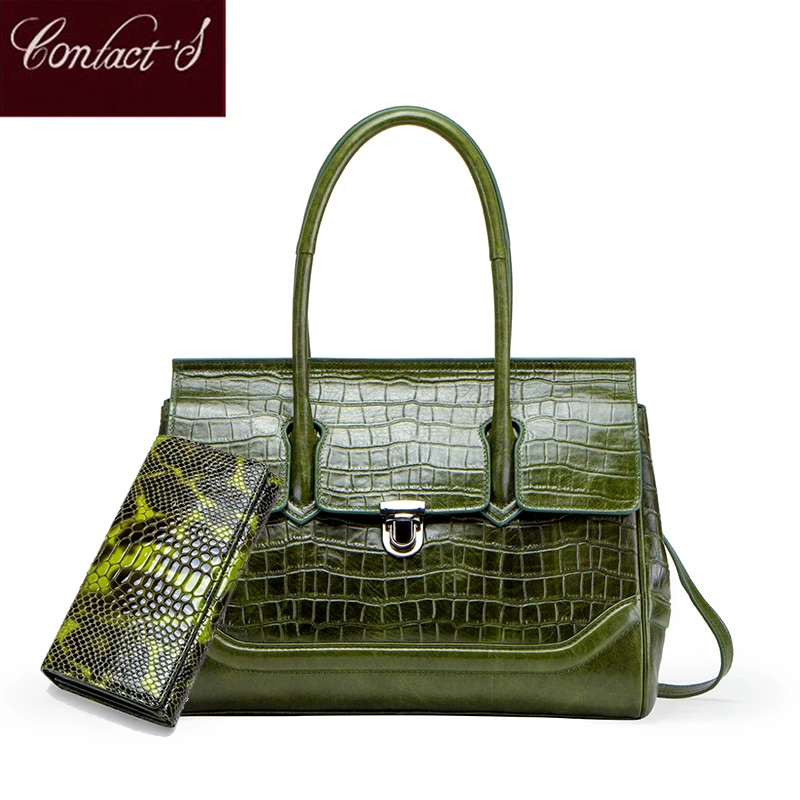 

Contact's Genuine Leather Tote bag Brand Designer Women Shoulder Bags Bag Set Long Clutch Wallets Zipper Money Bag Handbags