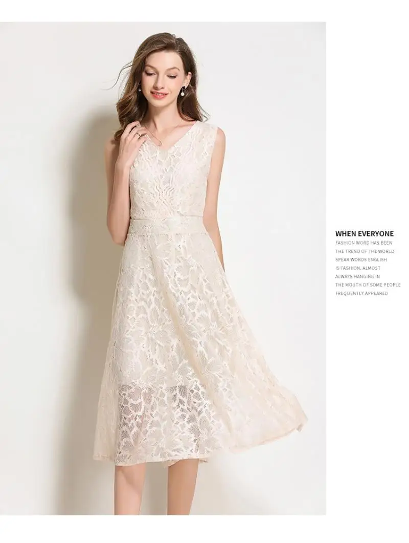 2018 Summer Lace Dress Work Casual Slim Work Women Party Dresses V-neck Sexy Hollow Out A-line Vintage Vestidos