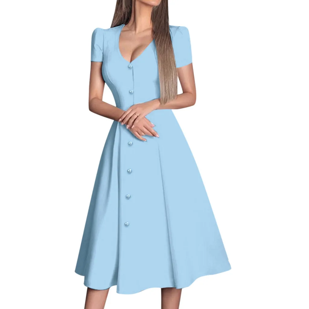 

JAYCOSIN 2019 New Summer Women Dress Fashion Solid Vintage V-neckline Short Sleeve Button Splice Big Swing Dress vestidos 9611
