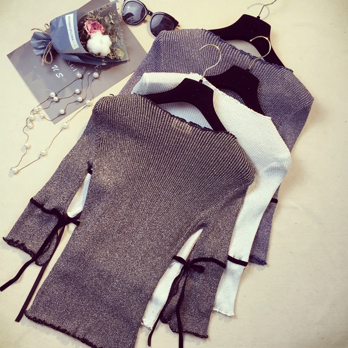 

Slash Neck Pullover Solid Three Quarter Sleeve Bowknot Strings T-shirt Fitness Slim Body Shape Knitting Shirt Lurex Yarn