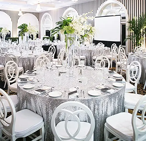 

120-Inch Round Sequin Table Overlay, 120inch Round Sequin Tablecloth Sliver Sequin Table Curtain for Christmas-ay