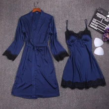 Новинка, осенняя женская ночная рубашка, наборы, сексуальное женское белье, 2 штуки, ночная рубашка, халат, комфортное Женское ночное платье, атласная домашняя одежда