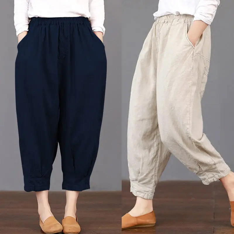 2019 Summer Women Pockets Solid Loose Trousers Plus Size Elastic Waist ...