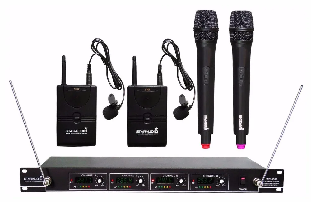 

STARAUDIO Pro Church 4 Channel Wireless Handheld And Lavalier Headset Microphone VHF PA DJ Stage Party System Mic SMV-4000A+B