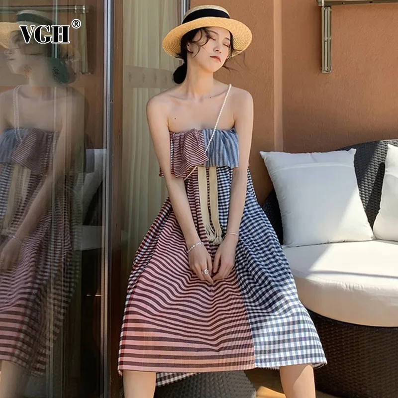 

VGH Summer Hit Color Patchwork Dress Women Strapless Off Shoulder Backless Loose Korean Striped Dresses Female Fashion New 2019