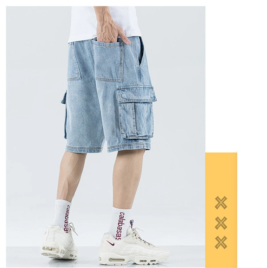 Джинсовые шорты, мужские Свободные мешковатые джинсовые шорты, мужские джинсы, модная уличная одежда в стиле хип-хоп, шорты Карго, мужские синие бермуды с карманами, 18822-5