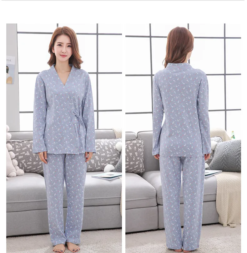 Новый 100% хлопок Для женщин пижамы Наборы для ухода за кожей отложной воротник для Отдыха Кардиган женский пижамы для M-XXL топы с длинными