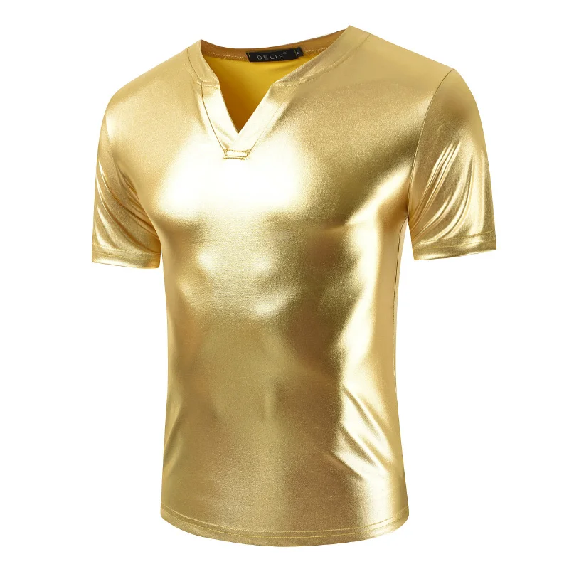 

New men Shiny Gold Coated Metallic Slim hip-hop T-shirt nightclub Party stage performance V Neck Top Tee Shirt Tshirt Homme