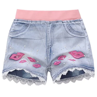 

Girls Shorts Baby Summer New Casual embroidery Sweet Red Lips Denim Shorts Children's Girls Denim Pants for 3-15 Y wear